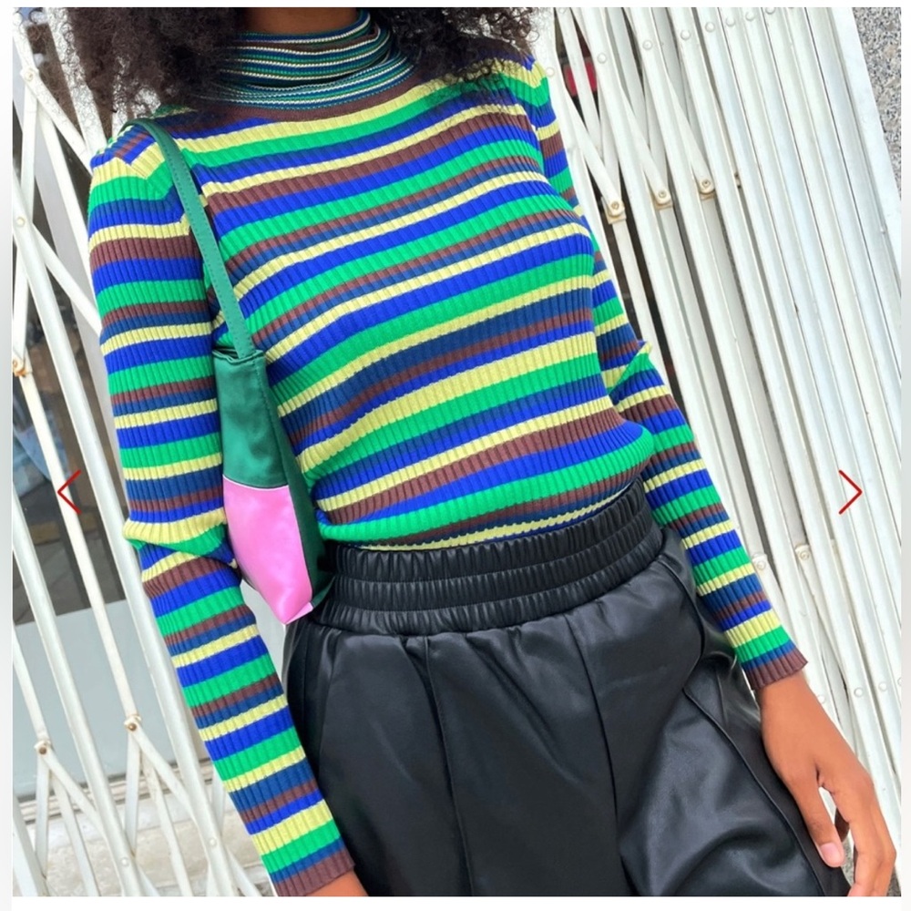 Lisa Says Gah Striped Ribbed Long-Sleeve turtle Neck Top in Blue/Green